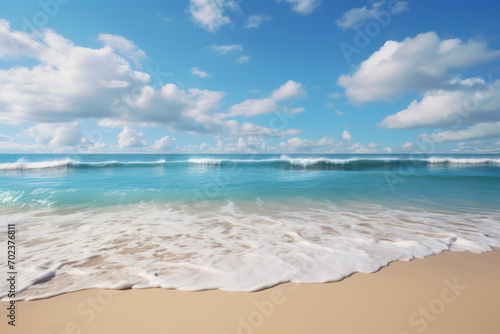 A serene beach with golden sand and azure waters  capturing the idyllic essence of coastal paradises. Concept of beach tranquility. Generative Ai.