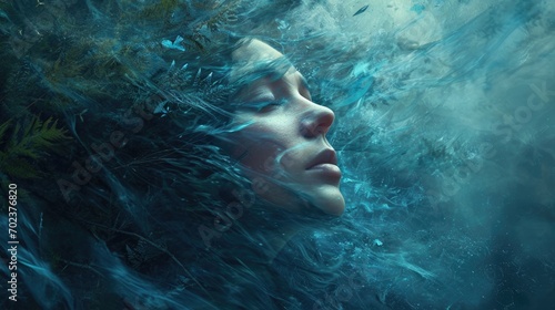 Beautiful young woman floating in water with her head submerged in water © Олег Фадеев