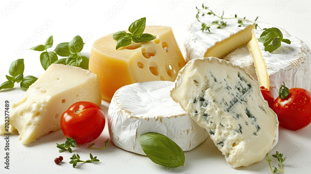 A selection of soft white cheeses accompanied by fresh cherry tomatoes and basil on a rustic wooden board A selection of soft white cheeses accompanied by fresh cherry tomatoes and basil on a rustic wooden board