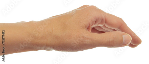 Womans hand on on transparent,png, gesture. hand of a European woman. The hand is open and ready to help or receive.