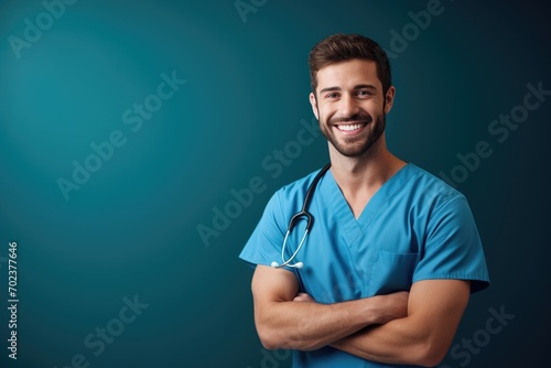 Portrait of a smiling happy male medical doctor or nurse standing isolate on blue background, Medical concept. photo