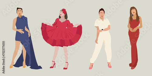Set of beautiful young women in fashion clothing. Fashion women. Isolated fashion lady on flat background.