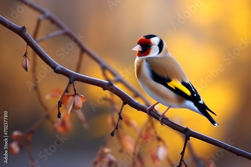 Cute male of goldfinch lugano bird with yellow plumage sitting on thin leafless twig in forest photo
