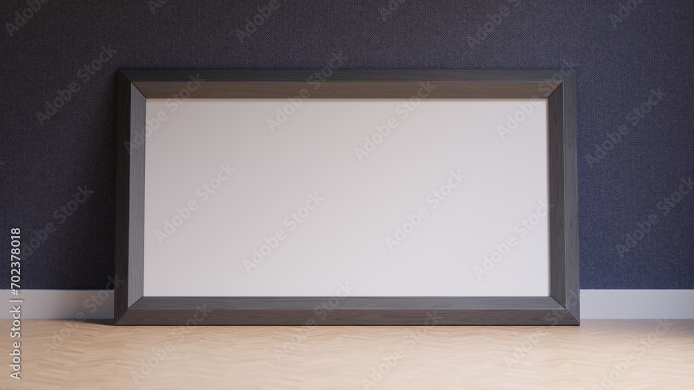 Empty black wooden frame on floor, 3d wooden frame, 3d render picture frame Empty black wooden frame on floor, 3d wooden frame, 3d render picture frame