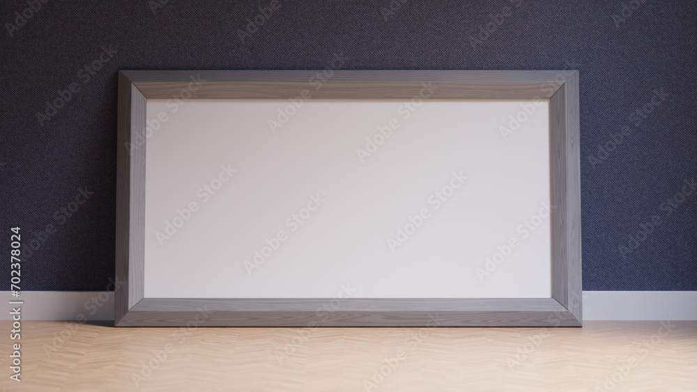 Empty gray wooden frame on floor, 3d wooden frame, 3d render picture frame Empty gray wooden frame on floor, 3d wooden frame, 3d render picture frame