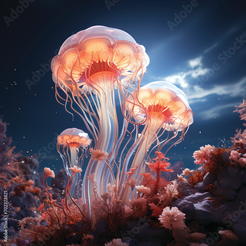 Beautiful jellyfish in the ocean. Created ai generated © dovan