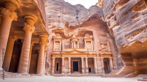 Petra Jordan marvel at the ancient rock cut architecture. AI generated