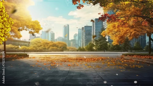Buildings in modern city with autumn leaves. Golden leaves in front of high-rise corporate office buildings with Empty cement floor with lake garden and modern city skyline in background photo