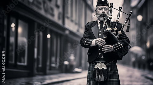 A man in a Scottish kilt playing bagpipes on a monochrome street.