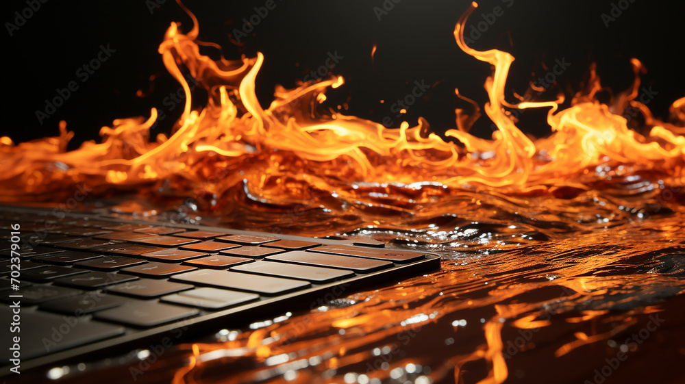A laptop with a fire on the keyboard