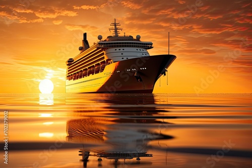 A close-up of a cruise ship at sunset, with the reflection of the sun on the water