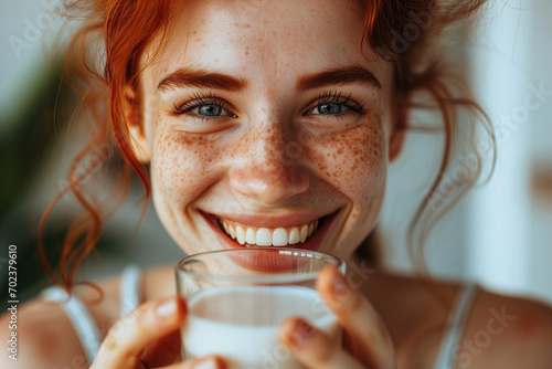 young woman drinking milk, soy or oat milk photo