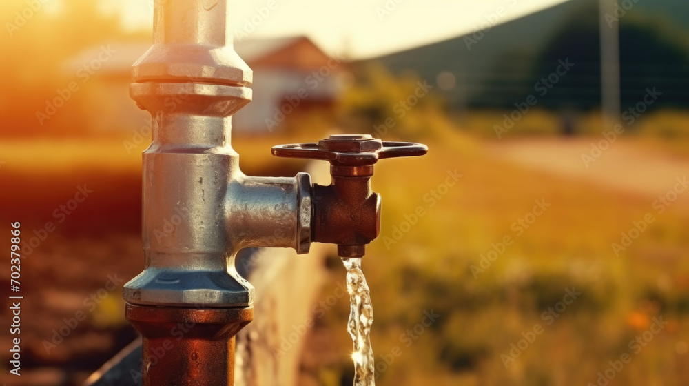 Closeup tap with valve for drinking water pipeline and water flowing from the tap Closeup tap with valve for drinking water pipeline and water flowing from the tap