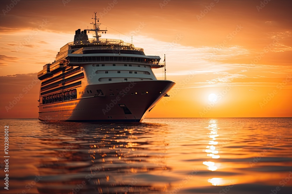 A close-up of a cruise ship at sunset, with the reflection of the sun on the water A close-up of a cruise ship at sunset, with the reflection of the sun on the water