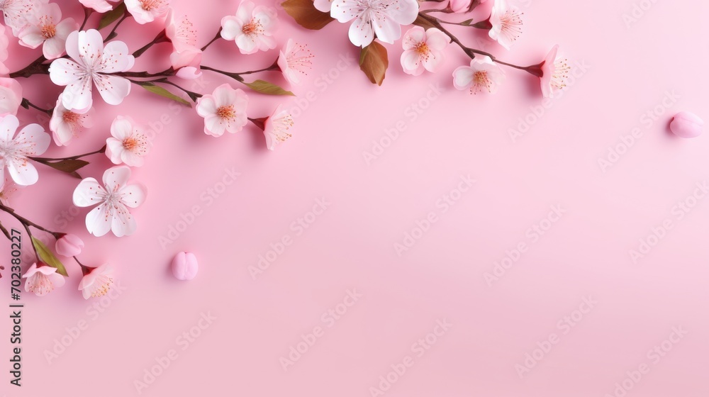 Happy Women's Day, March 8th with flowers, on a pink background. - obrazy, fototapety, plakaty 