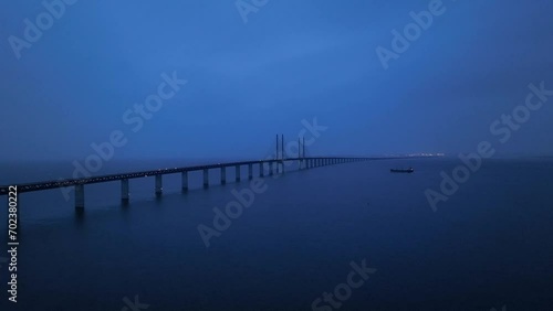 Wallpaper Mural Panoramic Aerial view of Oresund Bridge who is a combined motorway and railway, sea bridge between Denmark and Sweden (Copenhagen and Malmo) and ship - seascape of Baltic Sea, Europe from above Torontodigital.ca