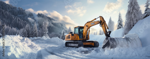 Modern excavator on winter road. snow remove from the road with an excavator heavy machine. photo