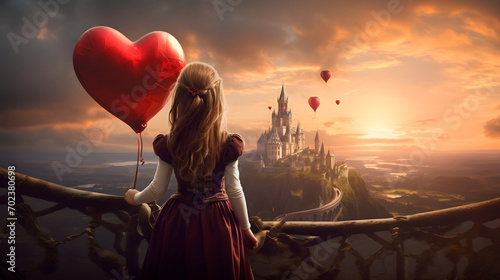 Little Girl Princess Looking Out Her Castle Bedroom With Heart Balloon Dreaming Of Life With Common People.  (Generative AI).