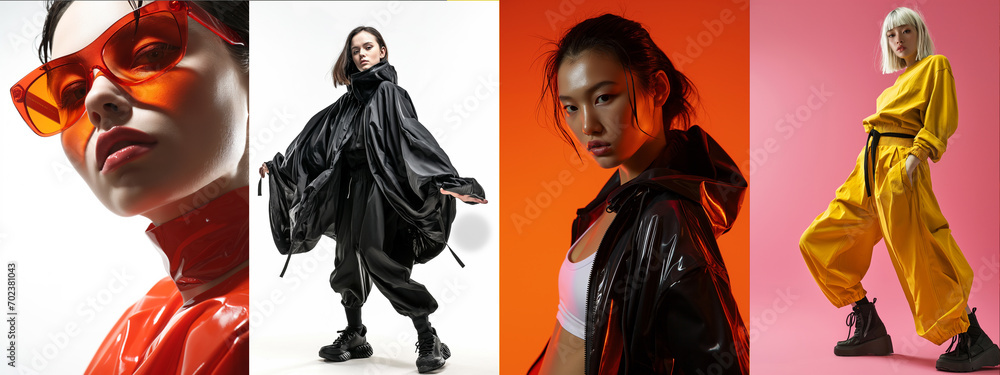 Four models in vibrant and dynamic fashion poses against solid-colored backgrounds. They wear stylish sunglasses and contemporary, oversized clothing in red, black, shiny black, and yellow.