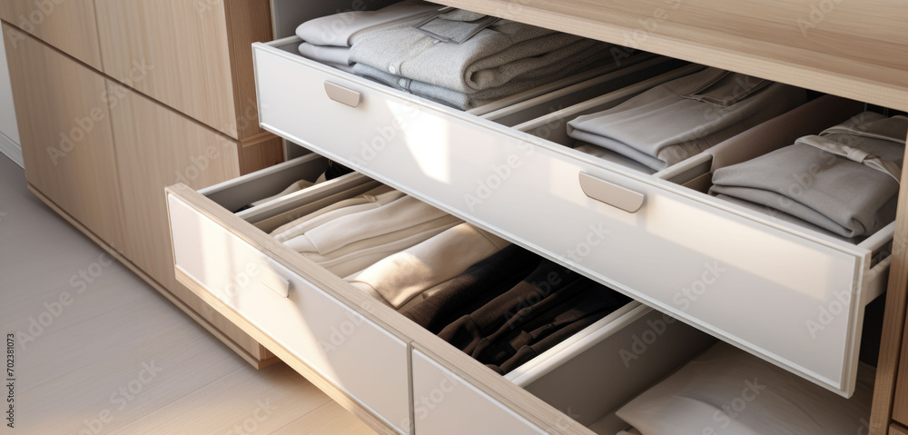 Closeup view of open closet drawers with folded clothes and other accessories