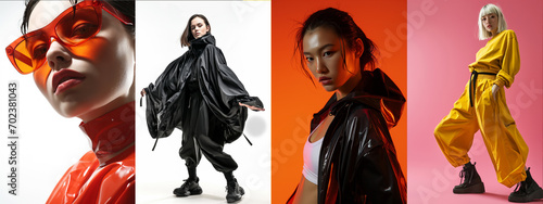 Four models in vibrant and dynamic fashion poses against solid-colored backgrounds. They wear stylish sunglasses and contemporary, oversized clothing in red, black, shiny black, and yellow. photo