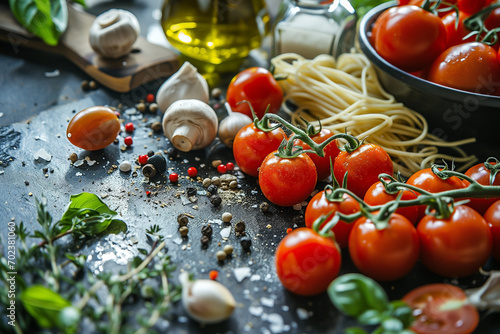 Italian food background, cherry tomatoes, basil, spaghetti, mushrooms, olives, parmesan, oil, garlic, pepper, rosemary, parsley