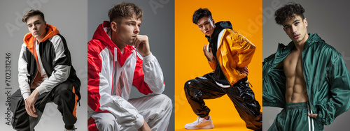 Four male models in various poses wearing sports jackets and trousers in white, red, yellow, and green, against grey and orange backgrounds.