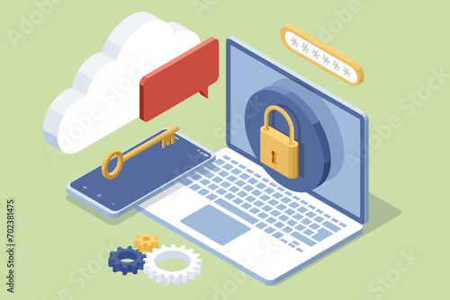 Isometrics protect data and confidentiality. Safety and confidential data protection, concept with character saving code and check access. Cybersecurity concept, user privacy security and encryption
