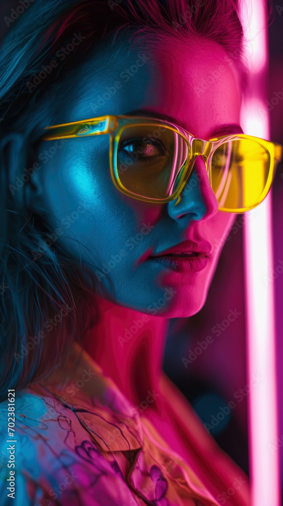 Close up portrait photo of beautiful woman wearing yellow sunglasses with neon light. Futuristic cyberpunk digital technology concept.