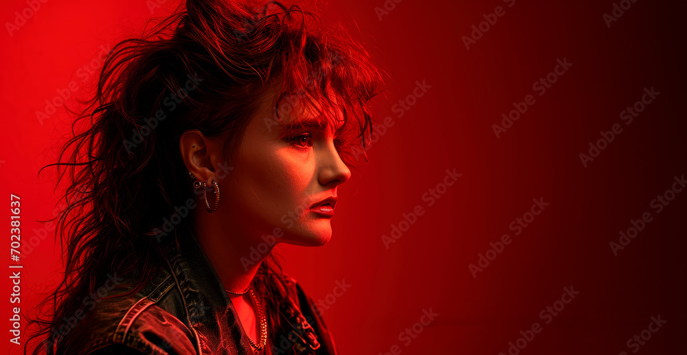 Retro Revival: A studio portrait capturing the essence of the 80s with a female sporting a bold mullet, showcasing the trendy and edgy fashion of that nostalgic era.

