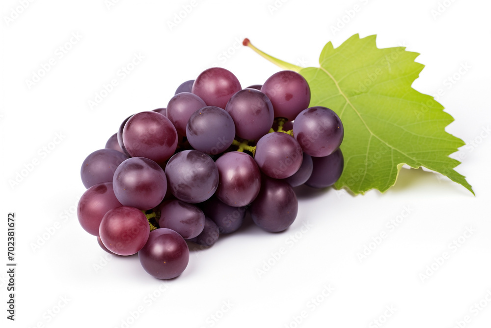 Fototapeta premium bunch of grapes with purple berries, isolated on white background, leaves