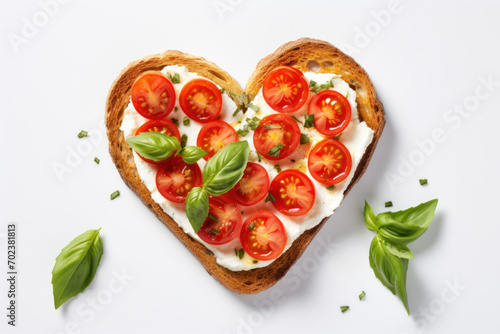 Heart shaped bread toast with soft cheese, tomatoes and basil on white background. Top view. Valentines day food concept.