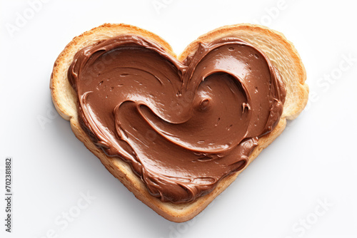 Heart shaped toast with chocolate cream on white background. Top view. Valentines day food concept.