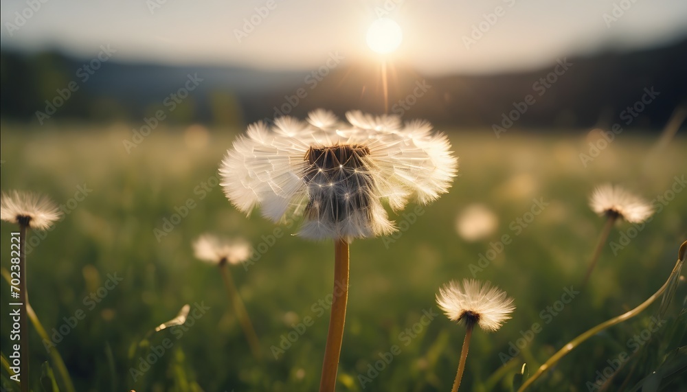 A single dandelion seed drifting in the breeze of a sunlit meadow