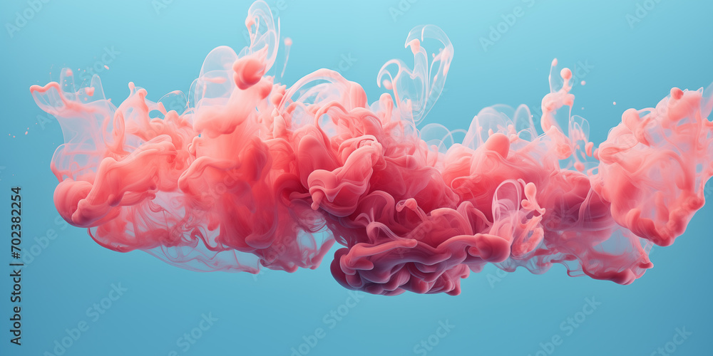 Coral fluffy pastel ink smoke on a blue background. Generated by artificial intelligence. - obrazy, fototapety, plakaty 