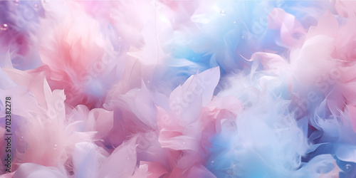 Background of fluffy feathers in pastel shades of pink blue and purple. Generated by artificial intelligence.