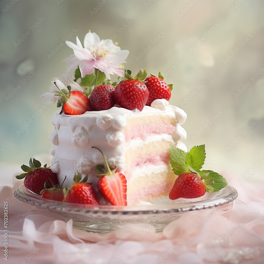 Creamy cake with fresh strawberries on a dreamy backdrop. Generative ai. Creamy cake with fresh strawberries on a dreamy backdrop. Generative ai.