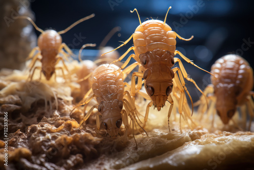 A scene of termites and their gut symbionts, showcasing the complex mutualistic relationship that aids in the digestion of cellulose. Generative Ai. photo