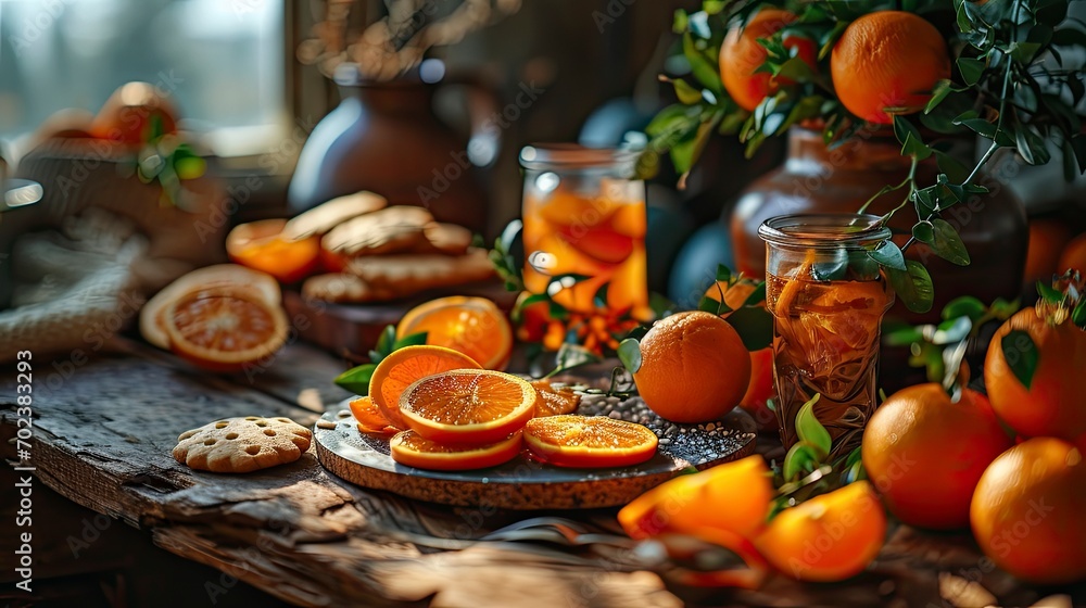 Fototapeta premium Table Orange Cookies Fruits Snacks Setting, Background HD, Illustrations