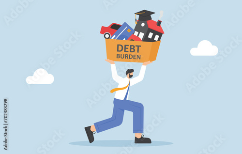 Businessman carrying heavy debt burden, illustration vector cartoon

