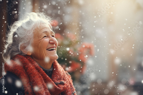 Elderly Woman Revealing in Joyful Winter Snowfall Radiance
