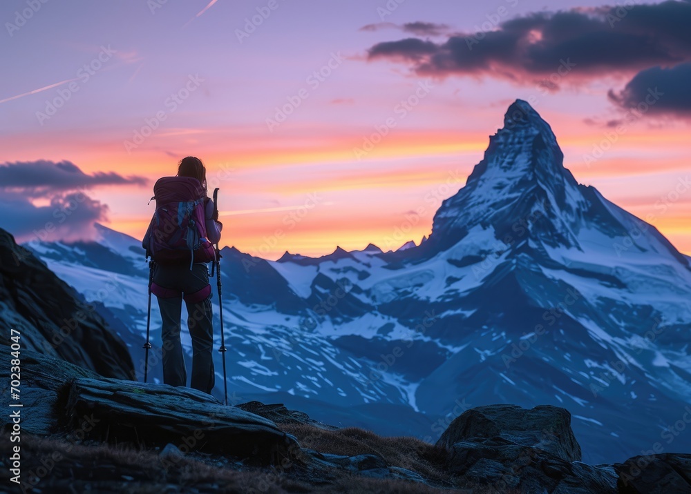 A woman trekker stands atop Matterhorn, surrounded by the unique beauty of the Alps, a testament to the majesty of nature and the thrill of alpine adventure