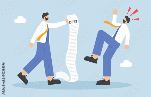 Man debtor shocked by creditors holding bills signs payment, vector illustration cartoon

