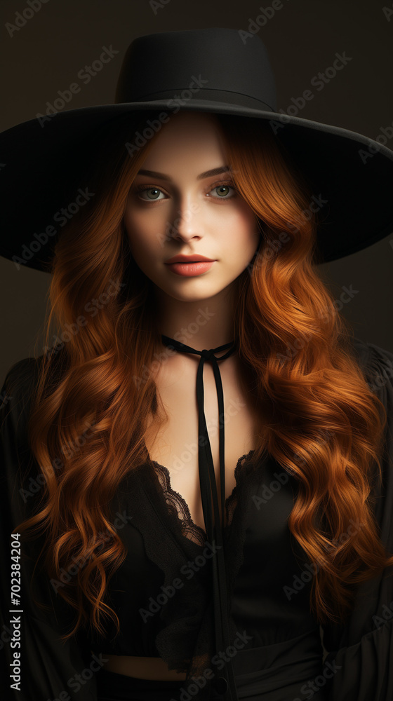 portrait of a woman in a hat, Halloween Attractive girl donning a hat and a witch outfit. Gathering, Festivity. On a black background, a beautiful woman with long red hair and festively brilliant make portrait of a woman in a hat, Halloween Attractive girl donning a hat and a witch outfit. Gathering, Festivity. On a black background, a beautiful woman with long red hair and festively brilliant make