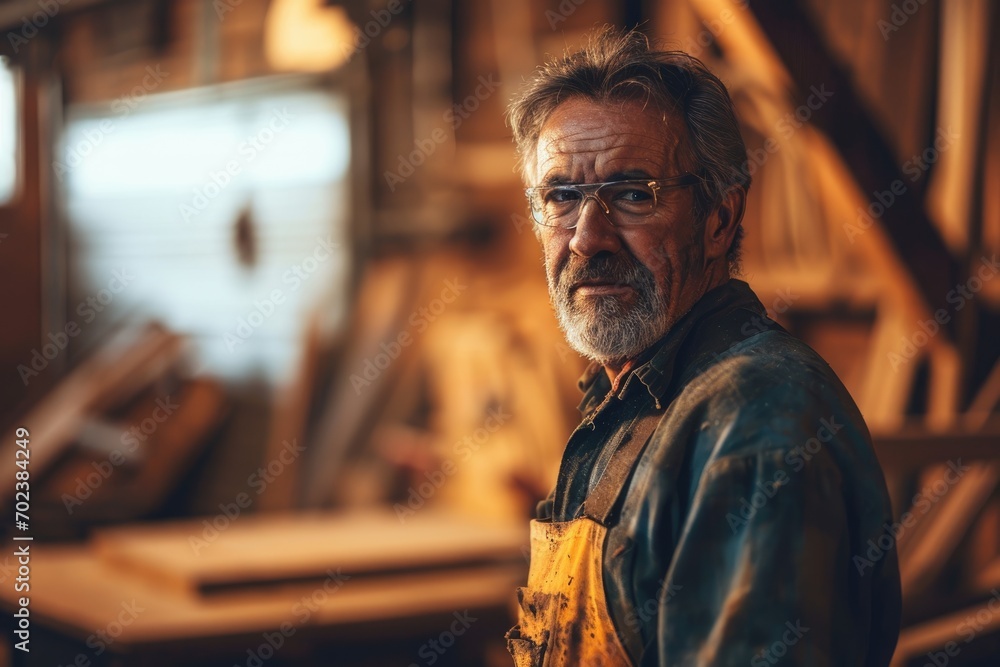 Master of Woodcraft: A Portrait of a Mature Male Artisan in His Carpentry Workshop, Showcasing the Artistry of Carpentry Work in the Background.	
