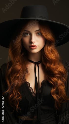 portrait of a woman in a hat, Halloween Attractive girl donning a hat and a witch outfit. Gathering, Festivity. On a black background, a beautiful woman with long red hair and festively brilliant make © Rizwan Ahmed Mangi