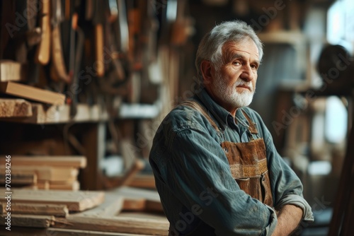 Master of Woodcraft: A Portrait of a Mature Male Artisan in His Carpentry Workshop, Showcasing the Artistry of Carpentry Work in the Background. 