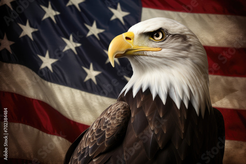 A bald eagle with the US flag in the background