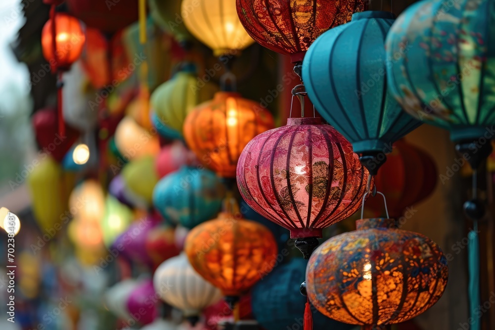 Artistry in Illumination: Close-Up of Handmade Silk Lanterns for Sale at a Street Market in Hoi An, Vietnam.	
