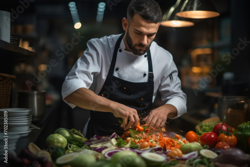 A chef expertly chopping vegetables with rapid precision, highlighting the speed and skill in culinary art. Concept of fast-paced cooking. Generative Ai.